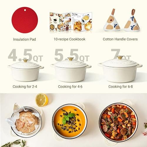 Overmont Cocotte en Fonte Émaillée - Ø26 cm Casserole Antiadhésive Avec Couvercle et Maniques en Coton - Batterie de Cuisine Robuste pour Braiser Ragoûts Rôtir Pain - Blanc crème thumbnail 7