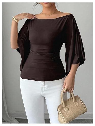 OYOANGLE Women's Batwing Bell Sleeve Tops Off The Shoulder T Shirts | 2026 Trendy, Slim Fitted, 3/4 Sleeves, Fall, Dressy, Casual, Blouses thumbnail 4