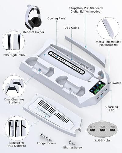 PS5/PS5 Slim/PS5 Pro Stand and Cooling Station with Dual Controller Charging Station for PlayStation 5 Console, PS5 Accessories Incl. Controller Charger, Cooling Fan, Headset Holder, 3 USB Hub, White thumbnail 7