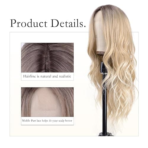Long Ombre Blonde Wig for Women 26 Inch Long Wavy wig Middle Part Natural Looking Synthetic Heat Resistant Wigs with Dark Roots Balayage Culry Wig for Cosplay Halloween Daily Use thumbnail 4