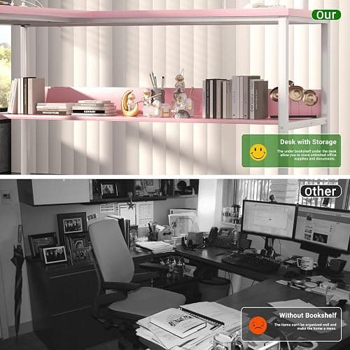 Unikito Reversible L Shaped Desk with Magic Power Outlets and USB Charging Ports, Sturdy Corner Computer Desk with Storage Shelves, Gaming Table Home Office Desk, Easy to Assemble, Pink thumbnail 7