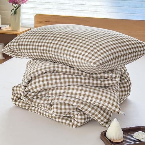 NSNLGSGC Tan Gingham King Comforter Set, 3 Pieces | Brown Grid Bed Comforter, 3 Pieces, 1 Comforter, 2 Pillowcases thumbnail 7