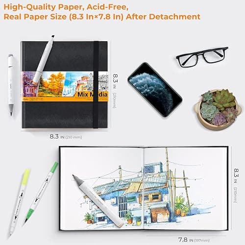 Mix Media Pad Ohuhu Square 8.3"x8.3" Mixed Media Art Sketchbook 120 LB/200 GSM Heavyweight Papers 78 Sheets/156 Pages PU Hardcover Mixed Media Paper Pad for Artist Drawing Book Sketching Pad thumbnail 2