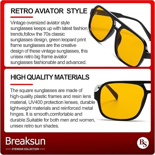 Breaksun Retro Aviator Sunglasses for Women Men Trendy Classic 70s Square Green Aviator Sun Glasses Vintage Shades thumbnail 7