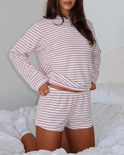RUEWEY Women Striped Pajamas Set Crewneck Long Sleeve Loose Top Shorts Two Piece Lounge Sets thumbnail 6