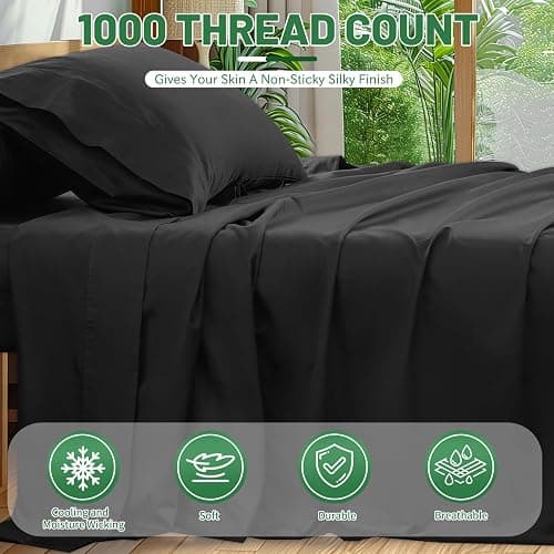 Overket 1000 Thread Count Egyptian Cotton Sheets Queen Size Set 4PCS Sateen Weave Soft Breathable 16-Inch Deep Pocket（Queen,Black） thumbnail 2