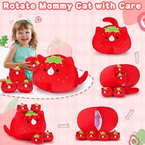 5 PCS Strawberry Cat Plush Stuffed Animal Family-19" Soft Strawberry Cat Plush, Large Mommy Plushies with 4 Baby Kittens Plushies, Kawaii Plushie Toy Christmas Birthday Gifts for Kids Boys thumbnail 4