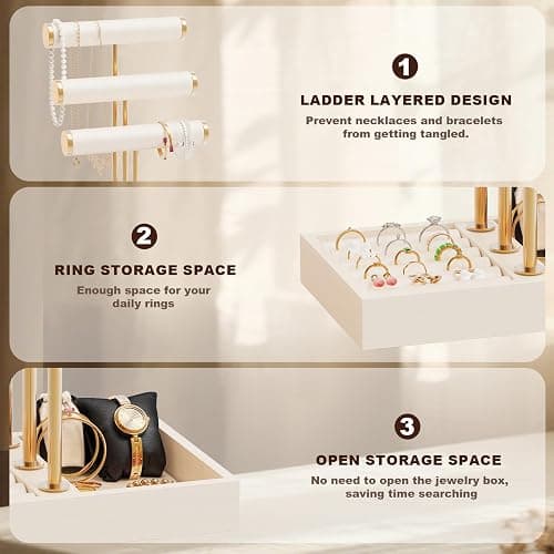 Abiglifty 3 Tier Necklace Holder Display, Jewelry Organizer, Jewelry Stand, Bracelet Display, Necklace Organizer, Bracelet holder, Jewelry Display for Necklace, Watches, Rings, Beige thumbnail 5