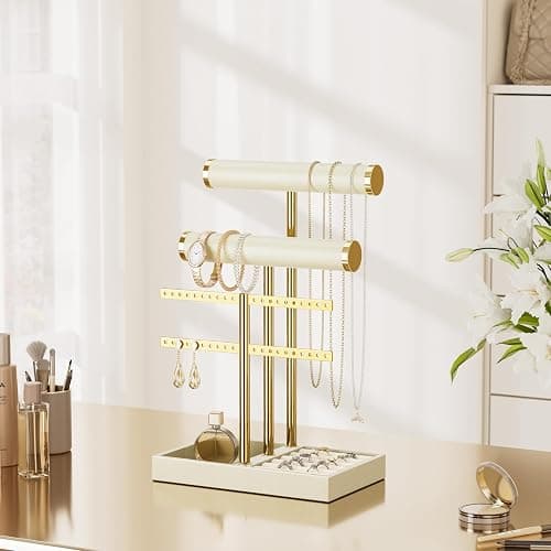 bussdis 3 Tier Bracelet Holder Display - Beige Leather Bracelet Holder, Detachable T Bar Jewelry Holder Organizer for Bracelet, Necklace, Earrings, Rings, Watches, Bangle thumbnail 2