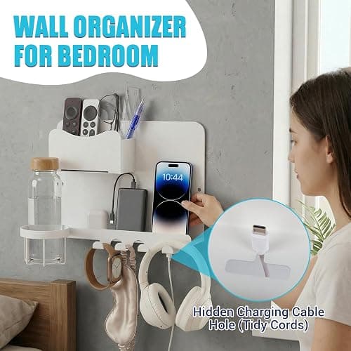 Metal Bedside Wall Shelf, Bedside Floating Shelf Wall Organizer with Detachable Cup Holder, No Drill Wall Mount for Bedroom, Dorm Room Decor, Nightstand Alternative, Bunk Bed Accessories, RV Storage thumbnail 5