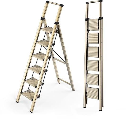 WOA WOA 6 Step Ladder, Lightweight Folding Ladder with Non-Slip Wide Pedals, Ladder with Safe Grip Handle, Easy to Open and Close, Suitable for Home and Outdoor - Brown Gold - 6 step - Brown Gold - Image 1