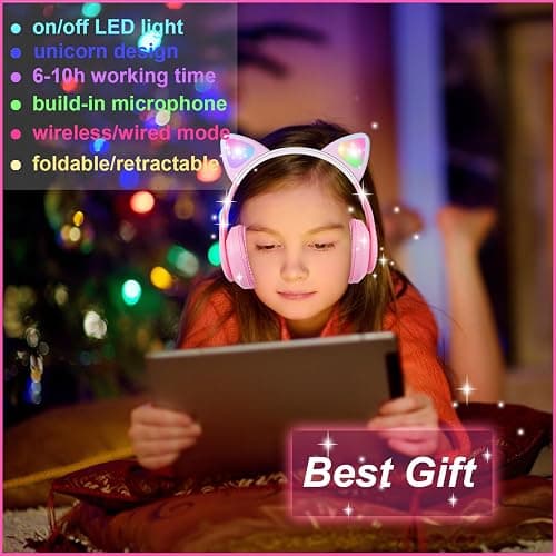 HOYJACY Cat Ear Kids Bluetooth Headphones for Girls Children Teens, LED Light Up Wireless/Wired Mode Foldable Stereo Girls Headphones with Built-in Mic for School Birthday Xmas Gift (Pink) thumbnail 3