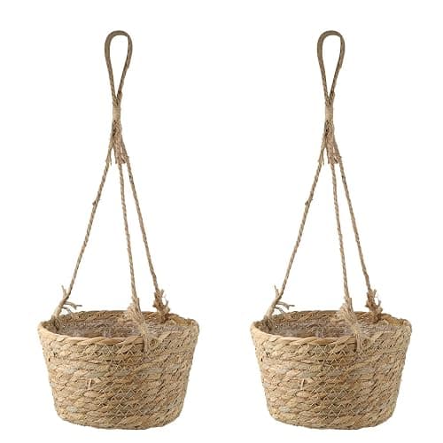 MY MIRONEY 2PCS Hanging Planter Basket Natural Seagrass Woven Plant Pot Hanger Hanging Plant Holder with Twine for Home Decor, Indoor & Outdoor Use, 8.11" x 4.96", Khaki - Image 1