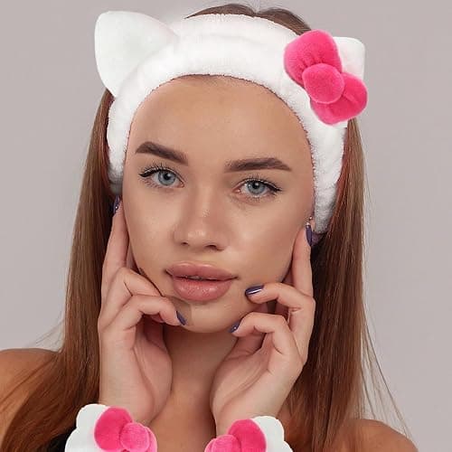 Cat Bow Headband for Skincare – 3 Pack Cute Spa Headband Set for Women with Wristbands thumbnail 5