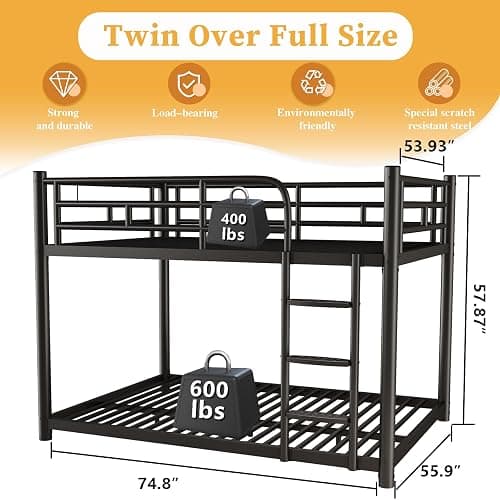 KAIFAM Metal Bunk Bed, Full Over Full Bunk Beds, Full Size Bunk Bed with Safety Guardrail and Ladder, Twin Bunk Beds, No Box Spring Needed, Noise Free for Apartment, Bedroom (Black) thumbnail 2