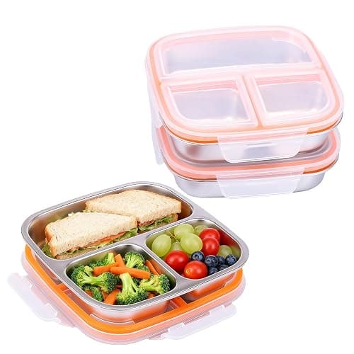 3 Stück Snackbox,Edelstahl Snack-Behälter mit 3 Fächern und Kunststoff-Deckel,17,5×17,5×5 cm,Stapelbar Lebensmittel Lagerung Brotzeit Behälter,Tragbare Snack-Platten für Schule,Arbeit und Reise - Image 1