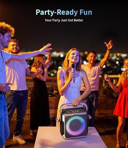 Portable Karaoke Machine, with Wireless Microphones, Bluetooth Party Speaker with LED Lights, Loud Subwoofer, USB/AUX, Outdoor Karaoke Speaker for Adults & Kids, Home & Party thumbnail 2