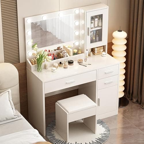 ENDYOE Makeup Vanity Desk Set with LED Lights Mirror Chair, Vanity Table with 7 Storage Shelves and 3 Drawers,3 Lighting Modes Adjustable Brightness Dressing Table for Bedroom,White thumbnail 6