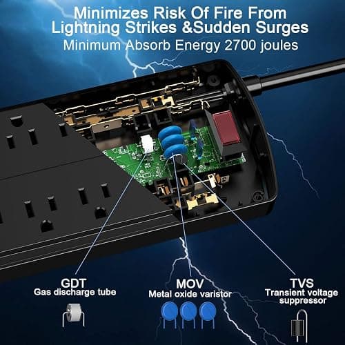 10 Feet Surge Protector Power Strip - Nuetsa Extension Cord with 8 Outlets and 4 USB Ports, Flat Plug, 2700 Joules, for Home, School, College Dorm Room, and Office, ETL Listed, Black thumbnail 5