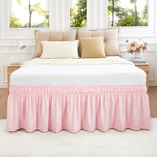 Vocander Pink Bed Skirt Queen Size 14 Inch Drop, Elastic Wrap Around Dust Ruffle Bed Skirting Easy to Put, Adjustable Tailored Bedskirts Fade & Wrinkle Resistant - Image 1