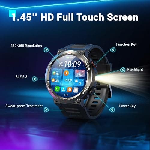 Military Smart Watch for Men(Answer/Make Calls),Outdoor Smartwatch with 100 Days Battery/Flashlight/Compass/Heart Rate/SpO2/Sleep Monitor/2 Straps, Rugged Fitness Watch for iPhone/Android Phones thumbnail 2