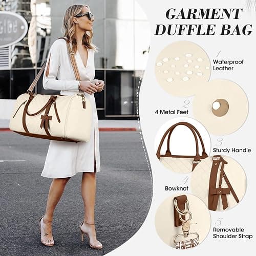RAINSMORE Garment Bags for Travel Women Leather Convertible Garment Duffle Bag With Shoe Pouch,Large Carry On Garment Bag Dress Suit Business Travel Bags Beige thumbnail 8