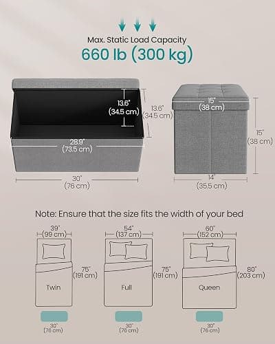 SONGMICS MAZIE Collection - 30 Inches Folding Storage Ottoman Bench, Ottoman Foot Rest, End of Bed Bench, Storage Chest, Load 660 lb, for Living Room, Bedroom, Entryway, Light Gray ULSF47G thumbnail 3