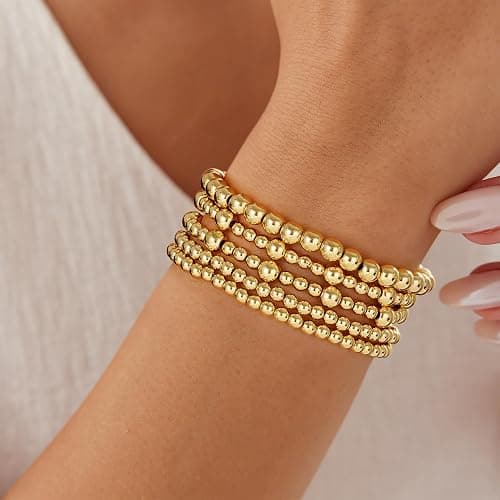 Eaciy Gold Bracelets for Women, 14K Gold Plated Beaded Bracelets Gold Strand Bead Ball Bracelet Stack Set Adjustable Bracelet Set Waterproof Jewelry for Women Gifts Non Tarnish thumbnail 4