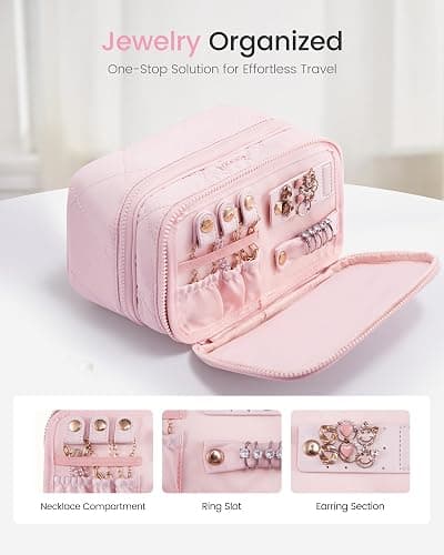 LOVEVOOK Travel Makeup Bag,Large Open Flat Tolietry Bag for Women,Waterproof Portable Cosmetic Pouch,Double Layer Quilted Makeup Bag Organizer With Handle,Travel Essentials,Gift for Her thumbnail 4