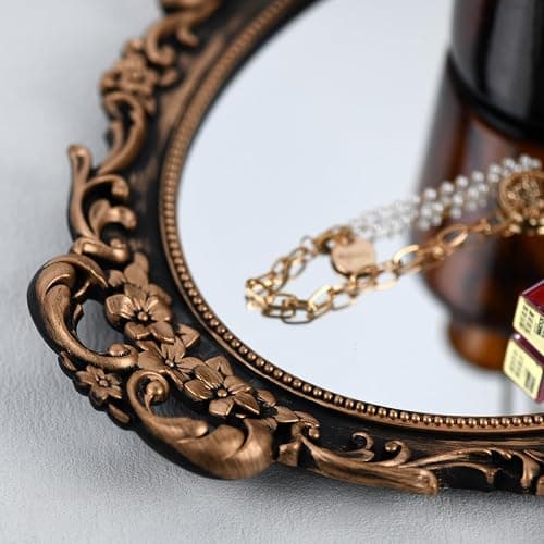 Tstarer Vintage Decorative Gold Framed Mirror, Wall Hanging Mirrors & Tabletop Tray for Bedroom Living Room Dresser Decor, Oval- 9.6" W x 14.3" L (Bronze) thumbnail 6
