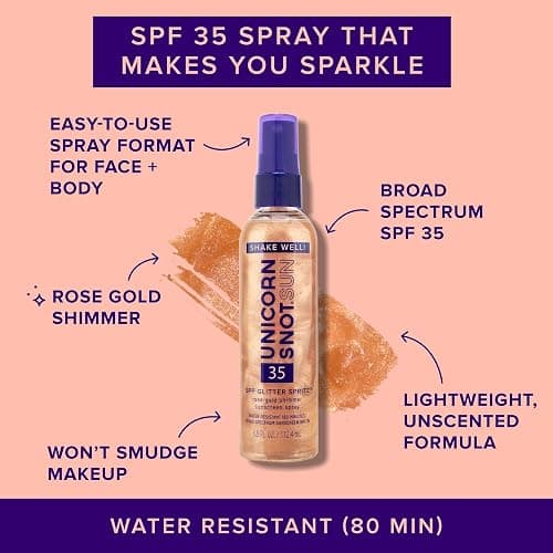 Unicorn Snot Glitter Sunscreen Spritz - SPF 35 Shimmering, Lightweight Spray Sunscreen for Face & Body Glow - UVA/UVB Protection - Water Resistant, Unscented - Made in USA -Rose Gold Shimmer thumbnail 3