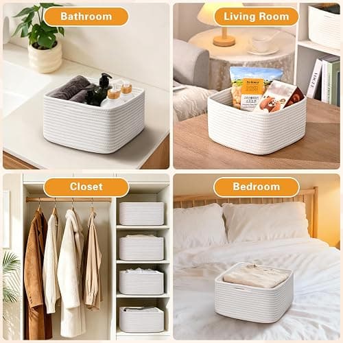 Storage Baskets for Shelves, 2 Pack Shallow Basket - 10.5" x 10.5" x 5.5", Rope Baskets for Organizing Toys, Snacks, Cube Storage Bins for Closet, Bedroom, Nursery, White thumbnail 8