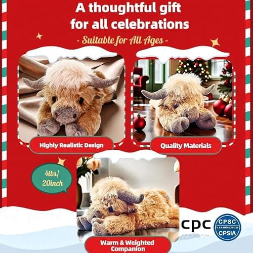 uoozii 20" | 4 Pounds Highland Cow Weighted Stuffed Animals with Unscented Microwavable Heating Pad, Cute Coolable Heatable Weighted Plush Warm Gift for Kids & Adults thumbnail 8