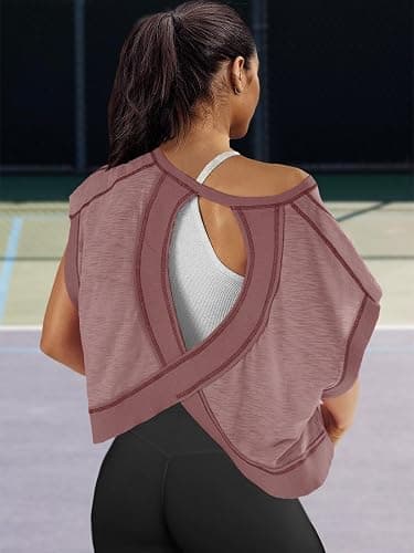 Panadila Womens Open Back Workout Top Oversized Workout T Shirts Backless Athletic Shirt Short Sleeve Baby Tee thumbnail 3
