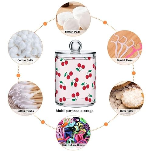 Bulletgxll Apothecary Jar with Lids 2 Pack Cute Cherry Fruit Qtip Holder Clear Plastic Containers Bathroom Vanity Countertop Organizer for Cotton Swabs, Cosmetic Pads, Sponges, Flossers thumbnail 5