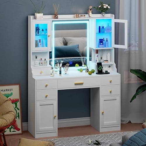 White Makeup Vanity Desk with Mirror and Lights, Large Vanity Table Set with Charging Station, Dressing Table with RGB Cabinets, Makeup Vanity Mirror with Light Desk and Drawers, 3 LED Lights Modes thumbnail 8