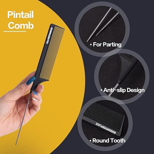 Goodofferplace 4PCS Hair Rat Tail Combs Carbon Parting Rattail Combs Teasing Fine Tooth Comb Metal Pick Detangling Combs Set for Women for Curly,Braiding,Styling Hair(Black) thumbnail 3