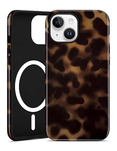 Jusy Leopard Phone Case for iPhone 15, Compatible with MagSafe, Cute Amber Aesthetic Magnetic Soft TPU and Hard PC Protective Phone Cover for Women Girls - Tortoise shell - Image 1