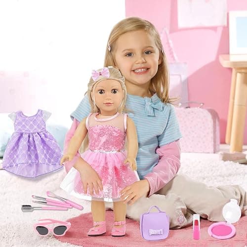 VAWMJOT 18 Inch American Doll Accessories, 2 Sets Pink and Purple Dresser Sunglasses Handbag Lipstick Hair Clip Eye Shadow Foundation Make-up Bracelet Cosmetic Brush American Doll Clothes Set thumbnail 2