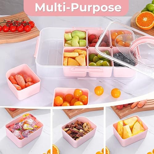 Luxear Divided Snack Box with Compartment, Divided Snack Serving Tray Reusable with Lid Handle, Food Storage Container Organiser for Snackle Box Appetizers Container,Pink thumbnail 5