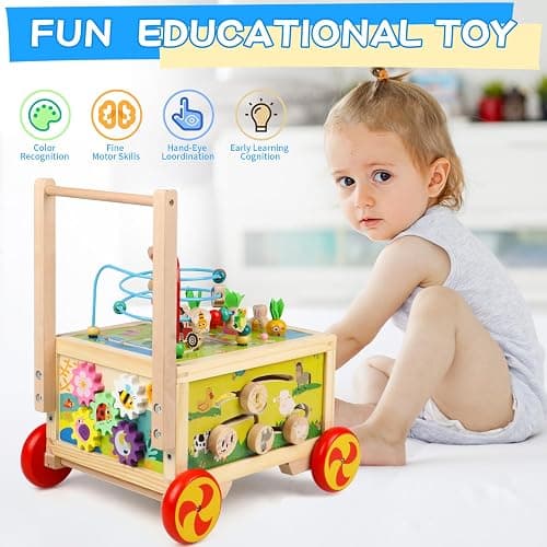 Wooden Activity Cube 7-in-1 Montessori Toy Multipurpose Educational Learning Toy for 1+ Year Old Baby Toddler Kid Boy First Birthday Gift Bead Maze Gear Number Animal Board Carrots Harvest Game thumbnail 4