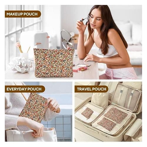 3Pcs Floral Makeup Bags, Cosmetic Bags for Women, Large Capacity Corduroy Makeup bag Set and Portable Mini Makeup Bag,Aesthetic Women Handbags Purses, Travel Essentials Aesthetic Stuff (Floral 01) thumbnail 5