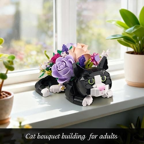 Tuxedo Cat Rose Bouquet Succulent Planter Building Blocks,Compatible with Lego Tuxedo Cat Flowers Pot,Creative Plants and Animals Decoration Rose Blocks Toys,Gifts for 18+ Girls,Mothers Day(824pcs) thumbnail 2