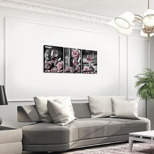 Wine Glasses Canvas Wall Art,Pink Rose Paintings Wall Decor Living Room Wine Pictures Wall Decor Artwork for Walls,Romantic Flowers Paris Eiffel Tower Hang Pictures Home Decor,Black White and Grey - Pink Black White Grey thumbnail 3
