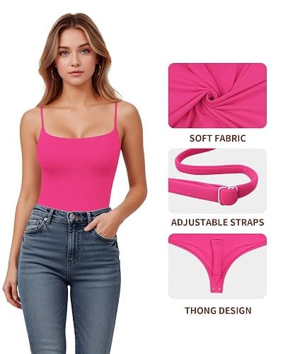 MANGOPOP Women's Cami Thong Bodysuit Double Lined Square Neck Backless Body Suit Adjustable Spaghetti Strap Tank Tops thumbnail 4
