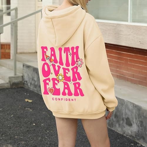 Lubpow Girl's Faith Over Fear Hoodie Christian Religious Inspirational Sweatshirt for Teen Girls Cute Cartoon Graphic Hoodies thumbnail 5
