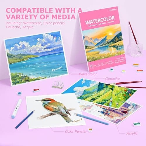 Pacocoast 9"x12" Watercolor Paper Pad, 140lb/300gsm Water Color Paper, Pink | Cold press glue bound sheets for wet & dry media. Watercolor journal notebook for painting & drawing, art supplies for adults thumbnail 6