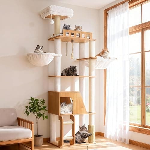 Hey-brother Holz Kratzbaum, 184cm Katzenbaum für Großkatze, mehrstöckiger Stabil Katzenkratzbaum Mit Grosse Plattformen, Korb, Katzenhöhle, Kämmmaschine und Leiter, Noyer EMPJ121WB - Image 1