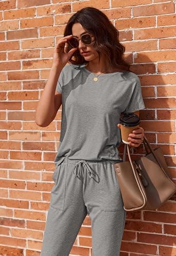 Ekouaer 2 pack Pajama Sets for Womens Jogger Pants Pjs Short Sleeves Lounge Set Soft Sleepwear with Pockets thumbnail 2
