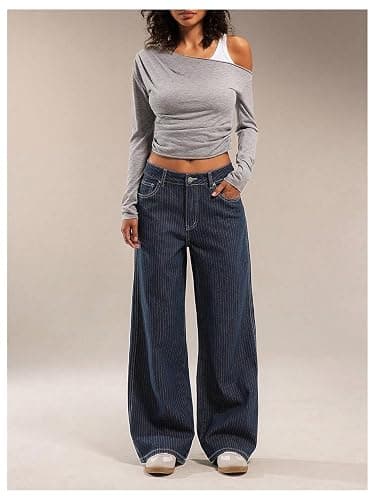 OYOANGLE Women's Striped Wide Leg Jeans Mid Waist Casual Pinstripe Denim Baggy 90s Trendy Pants Y2K Preppy Outfit thumbnail 3